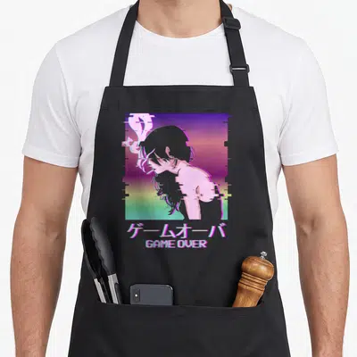 Indie anime apron - Glitchy GAME OVER text and person silhouette on pink purple cyan gradient — shown on a black cotton canvas apron against a white background