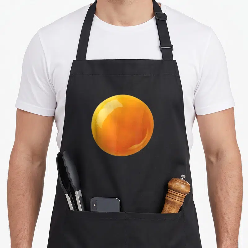 Couple egg apron - Realistic orange and yellow sphere resembling a deviled egg yolk on fabric — shown on a black cotton canvas apron against a white background