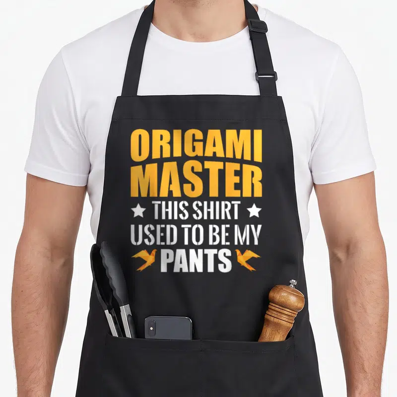 Origami master apron - Orange origami birds flanking white text reading This Shirt Used To Be My Pants below stacked — shown on a black cotton canvas apron against a white background