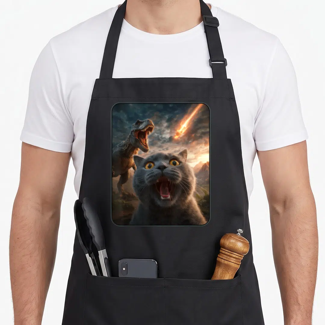 Dinosaur funny cat apron - Grey cat screaming with T-Rex and falling meteor in photo style — shown on a black cotton canvas apron against a white background