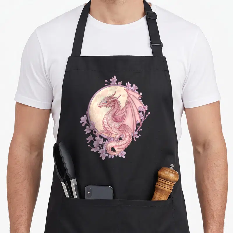 Nouveau cherry apron - Pink dragon curled before pale yellow moon surrounded by cherry blossoms in cartoon style — shown on a black cotton canvas apron against a white background