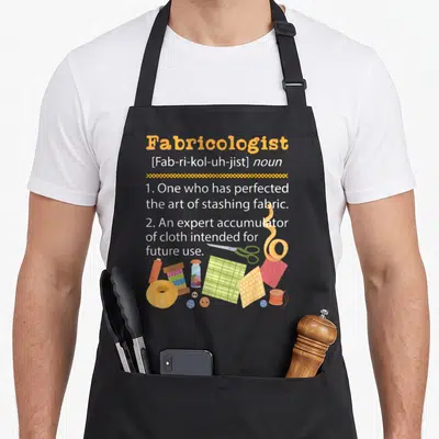 Sewer needlework apron - Fabricologist dictionary definition with cartoon scissors, thread, and fabric scraps — shown on a black cotton canvas apron against a white background