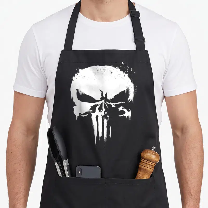 Punisher paint splatter apron - Single large distressed white skull graphic with dripping paint effects centered — shown on a black cotton canvas apron against a white background