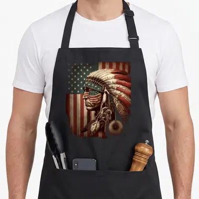 Indigenous american flag apron - Profile of Native American chief with feathered headdress and flag painted on cheek — shown on a black cotton canvas apron against a white background