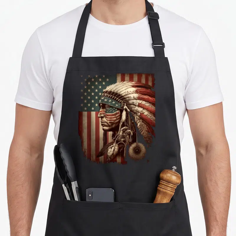 Indigenous american flag apron - Profile of Native American chief with feathered headdress and flag painted on cheek — shown on a black cotton canvas apron against a white background