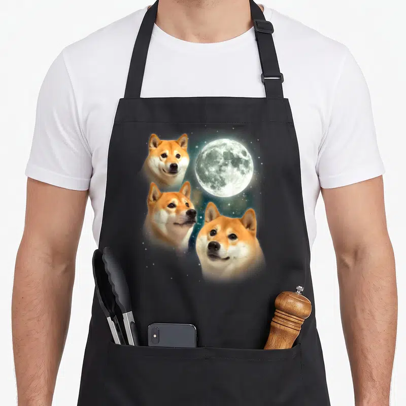 Parody dog apron - Three Shiba Inu heads surrounding a moon with scattered stars on grey background — shown on a black cotton canvas apron against a white background