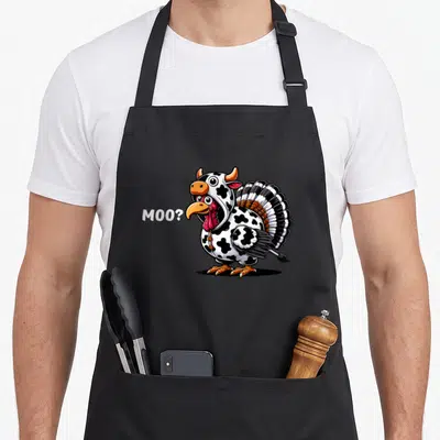 Moo thanksgiving apron - Cartoon turkey in black and white cow costume with orange beak and M00? text — shown on a black cotton canvas apron against a white background