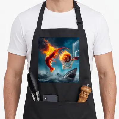 Dunking meme apron - Flaming shrimp jumping at basketball hoop with sharks emerging from blue water — shown on a black cotton canvas apron against a white background