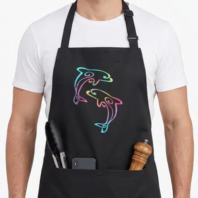 Swimming dolphin lover apron - Two stylized dolphins in circular line art with blue, green, yellow, and pink colors — shown on a black cotton canvas apron against a white background