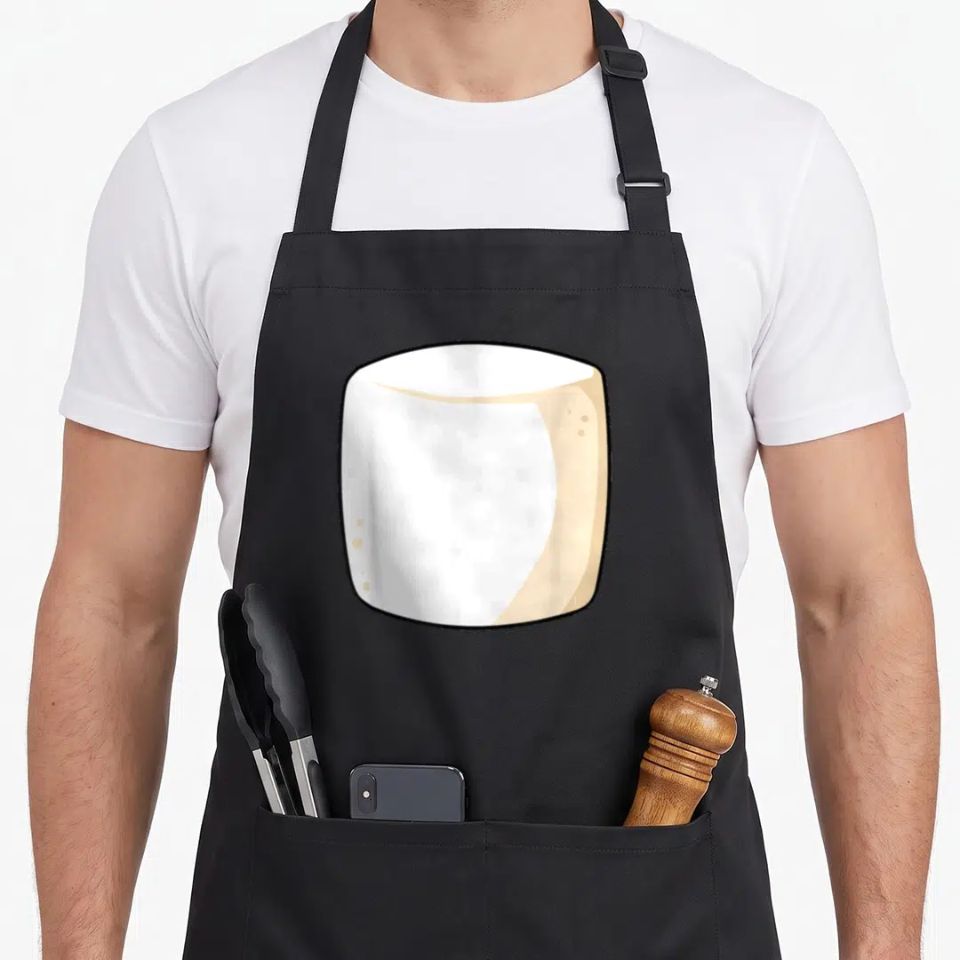 Marshmallow smore halloween apron - Cartoon marshmallow in white beige and black centered on apron front — shown on a black cotton canvas apron against a white background