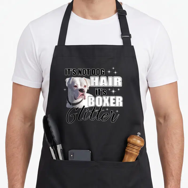 Hair boxer dog apron - White boxer dog photo with IT'S NOT DOG HAIR text and sparkles — shown on a black cotton canvas apron against a white background