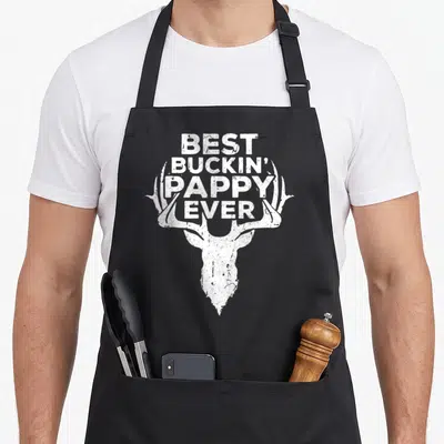 Hunting father day apron - White distressed deer head with stacked text BEST BUCKIN PAPPY EVER on black background — shown on a black cotton canvas apron against a white background