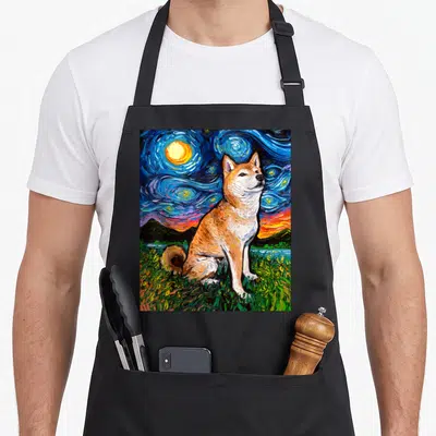 Impressionist dog apron - Seated Shiba Inu dog in textured oil paint style under swirling blue starry sky with yellow — shown on a black cotton canvas apron against a white background