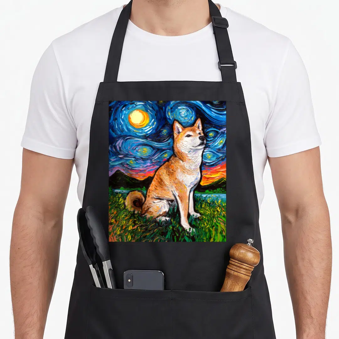 Impressionist dog apron - Seated Shiba Inu dog in textured oil paint style under swirling blue starry sky with yellow — shown on a black cotton canvas apron against a white background