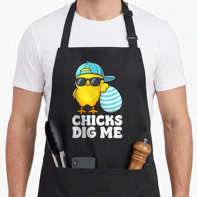 Chick easter apron - Cartoon yellow chick in blue hat and sunglasses leaning on striped egg with text CHICKS DIG ME — shown on a black cotton canvas apron against a white background