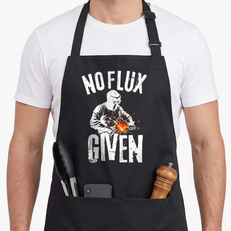 Flux welder apron - No Flux Given text above welder making orange sparks, distressed white font — shown on a black cotton canvas apron against a white background