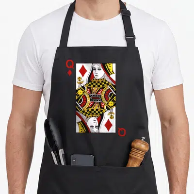 Diamond queen apron - Stacked red Q letters and diamond suit surrounding mirrored playing card queen illustration — shown on a black cotton canvas apron against a white background