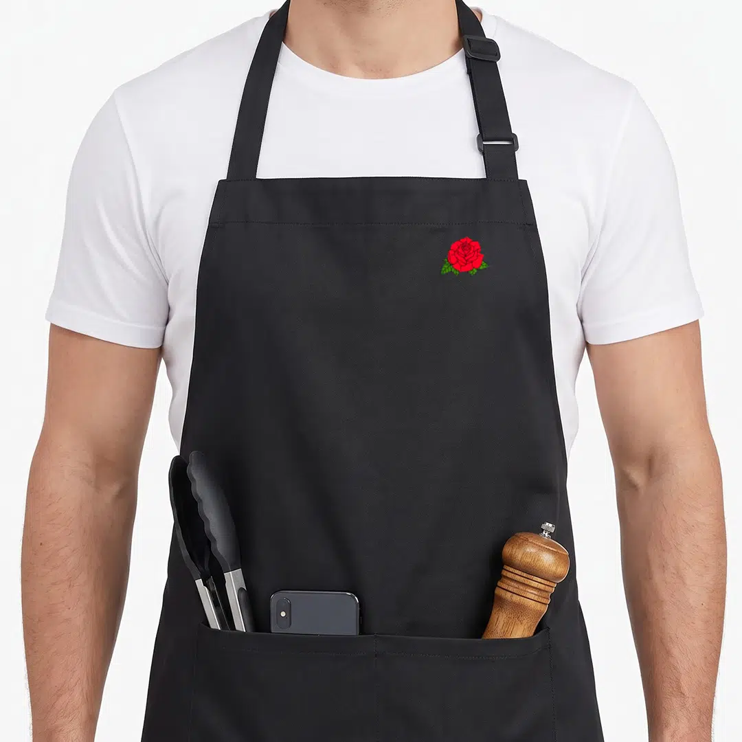 Patch rose apron - Single red rose with green leaves in cartoon style upper right — shown on a black cotton canvas apron against a white background
