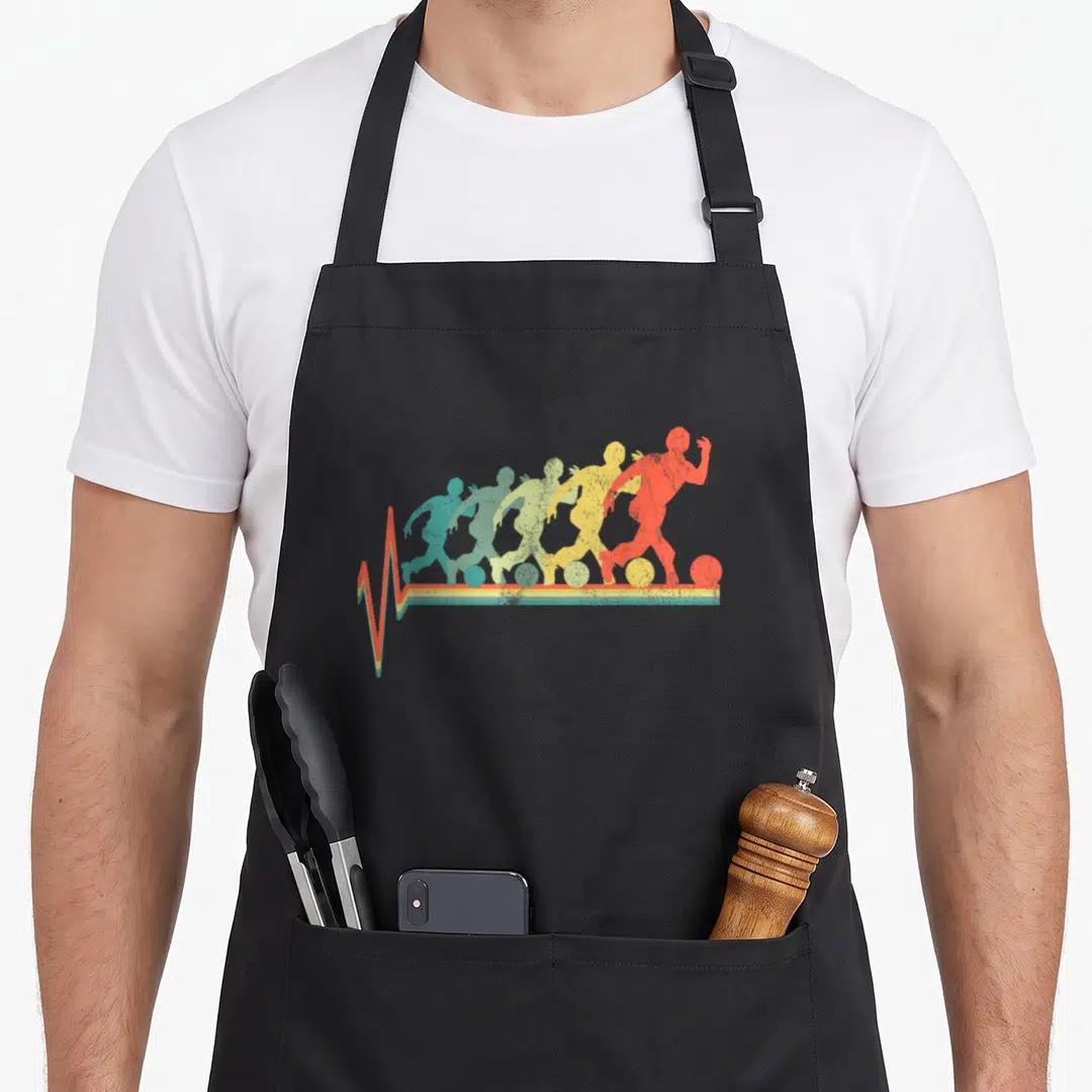Bowling bali apron - Five colored runner silhouettes over a retro heartbeat pulse line — shown on a black cotton canvas apron against a white background