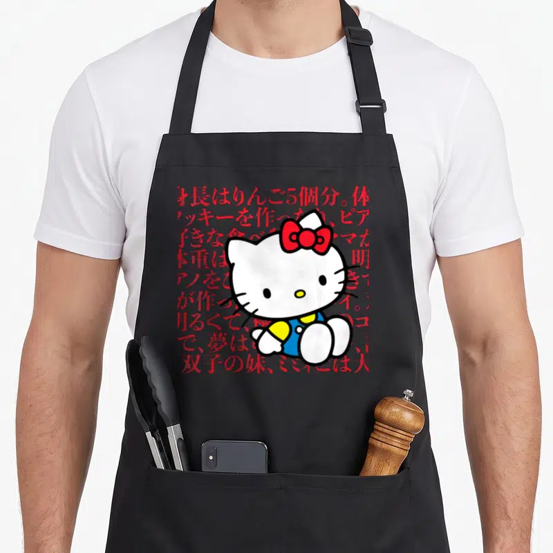 Kanji japanese apron - White cartoon cat with red bow sitting over red Japanese text lines — shown on a black cotton canvas apron against a white background