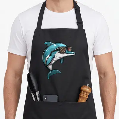 Dolphin sunglasses novelty apron - Cartoon blue and white dolphin wearing black sunglasses in a graphic style — shown on a black cotton canvas apron against a white background
