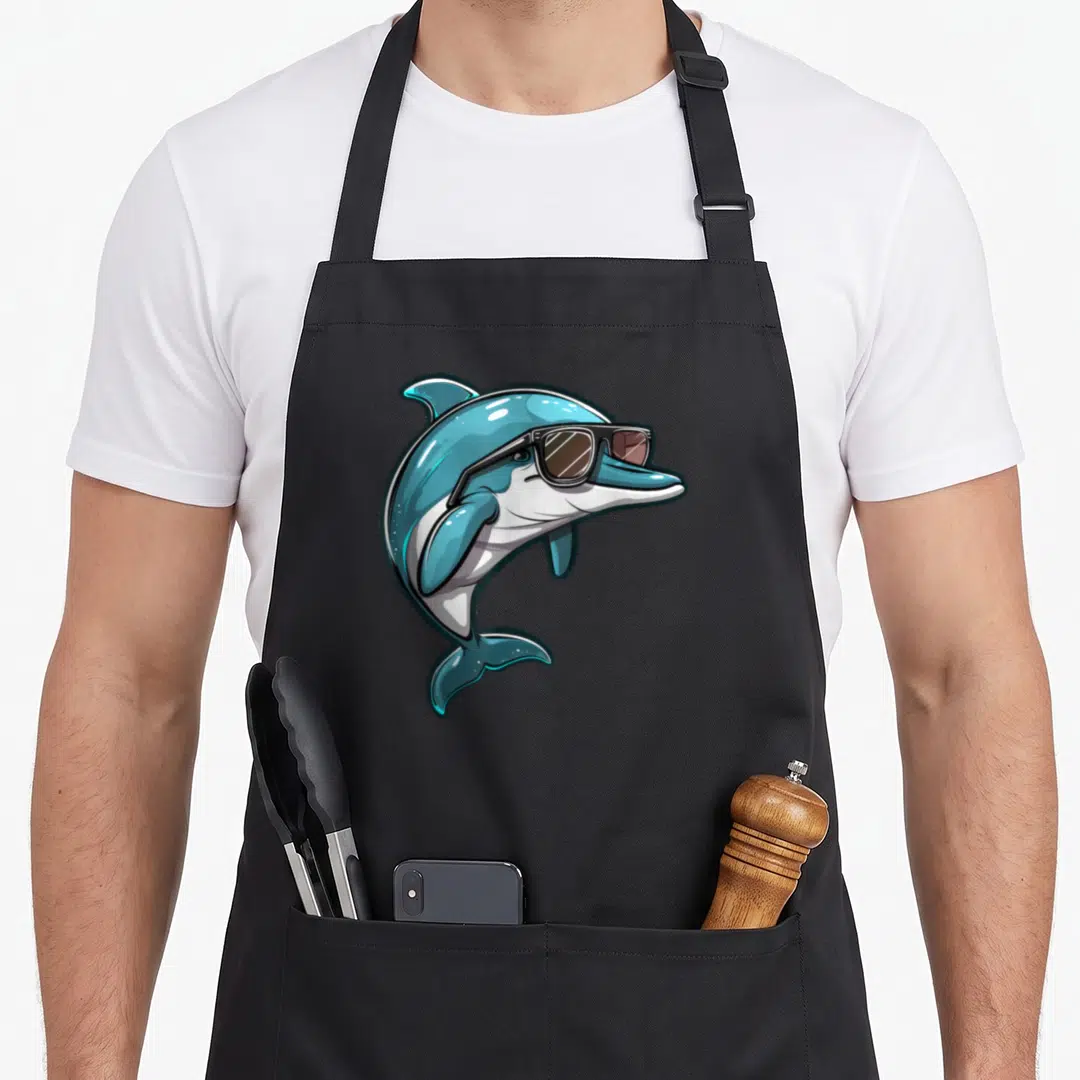 Dolphin sunglasses novelty apron - Cartoon blue and white dolphin wearing black sunglasses in a graphic style — shown on a black cotton canvas apron against a white background
