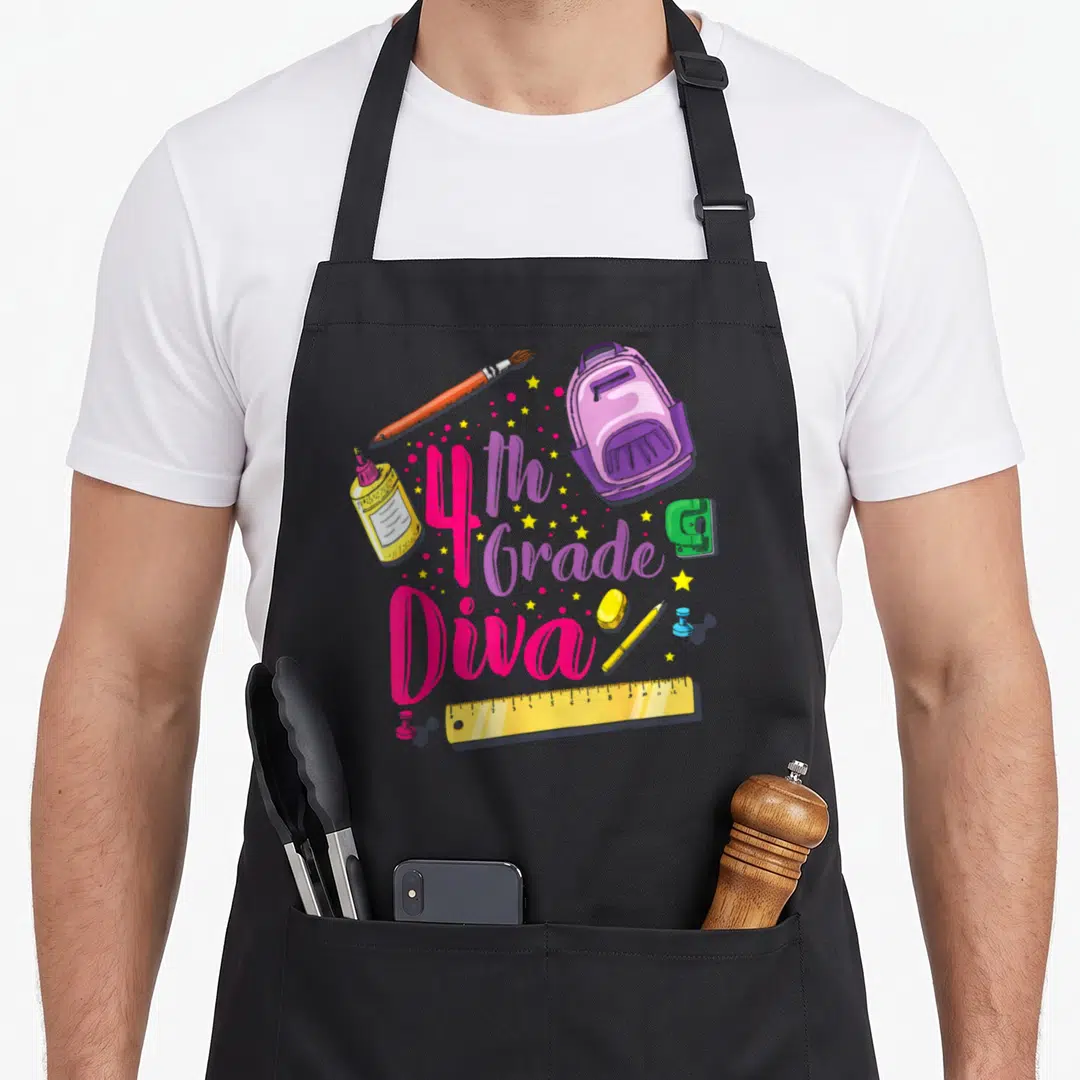 Diva grade apron - 4th Grade Diva text with backpack, glue, ruler, and stars in pink purple yellow green — shown on a black cotton canvas apron against a white background