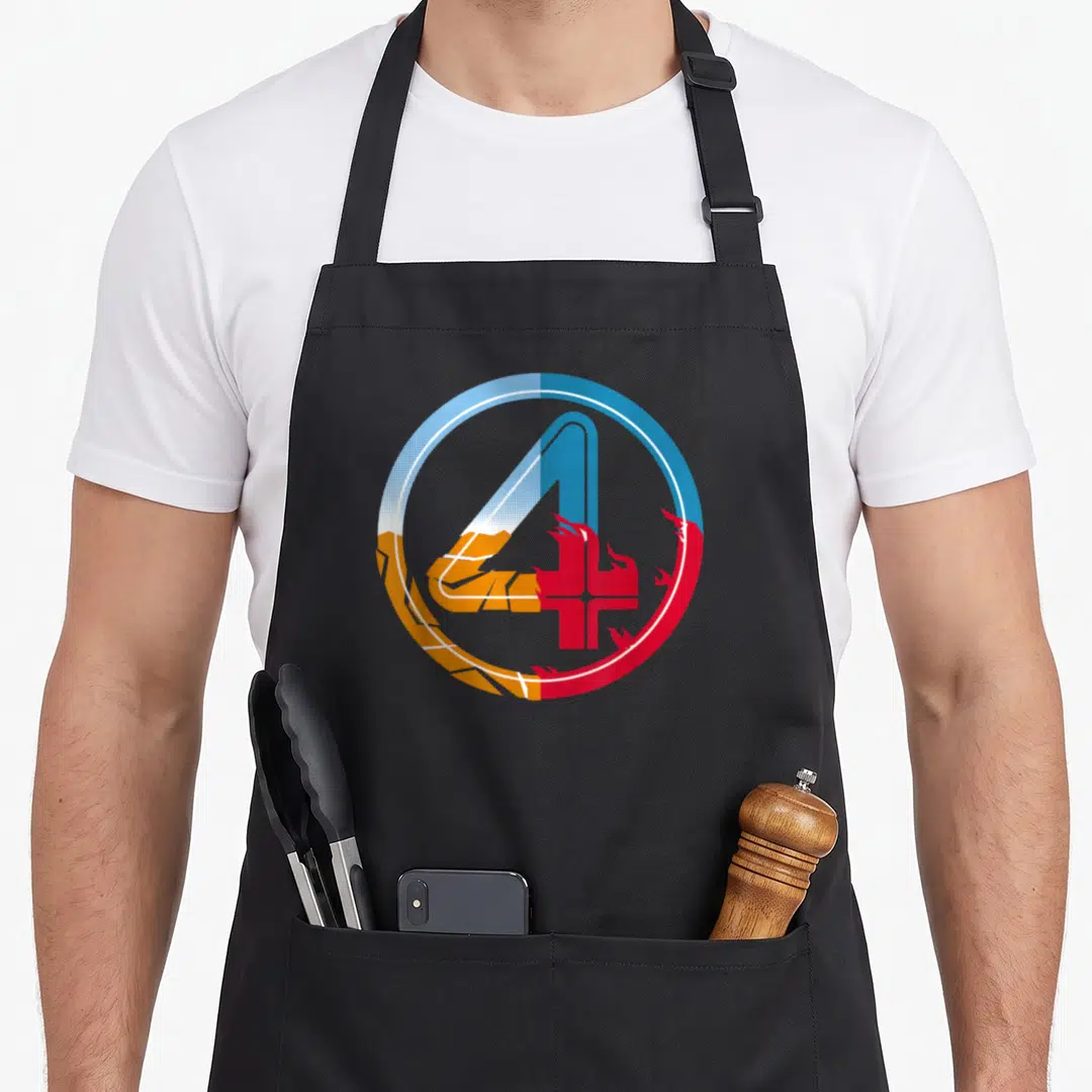 Fantastic first steps apron - Segmented number 4 in blue orange and red inside a circular border — shown on a black cotton canvas apron against a white background