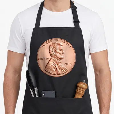 Penny coin apron - Copper Lincoln coin with IN GOD WE TRUST and 2018 text — shown on a black cotton canvas apron against a white background