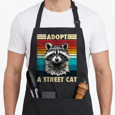 Racoon raccoon apron - Raccoon head over retro stripes with text Adopt A Street Cat — shown on a black cotton canvas apron against a white background