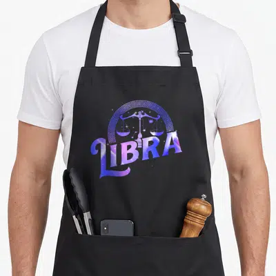 Astrology symbol zodiac aprons - Purple and blue LIBRA text over scales inside a Greek key arch with sparkles — shown on a black cotton canvas apron against a white background