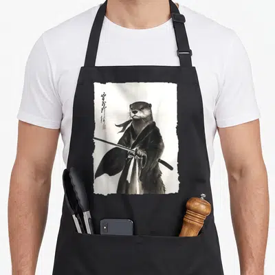 Otter anime apron - Samurai otter watercolor print with script text and red seal — shown on a black cotton canvas apron against a white background