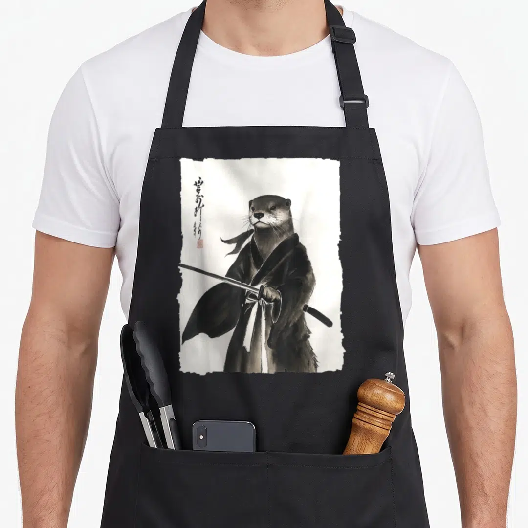 Otter anime apron - Samurai otter watercolor print with script text and red seal — shown on a black cotton canvas apron against a white background