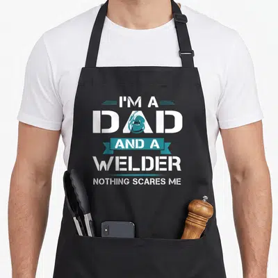 Welder father day apron - White text I'M A DAD AND A WELDER with blue welding mask inside letter A and ribbon banner — shown on a black cotton canvas apron against a white background