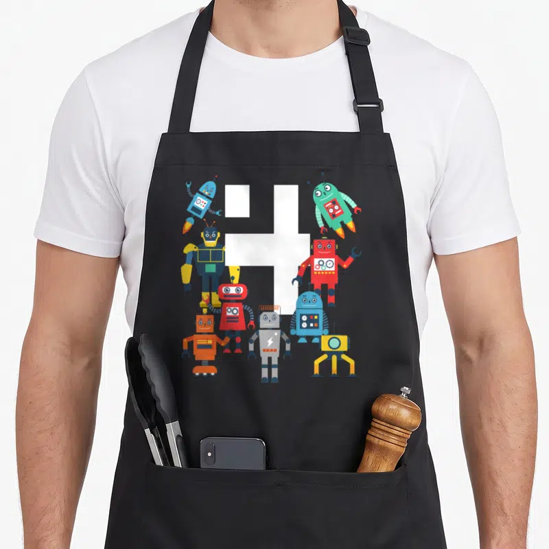 Robotic birthday apron - White number 4 surrounded by colorful cartoon robots in blue, red, yellow, and green — shown on a black cotton canvas apron against a white background