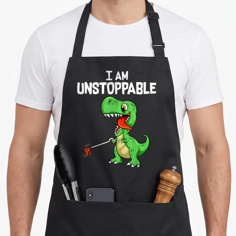 Unstoppable dinosaur apron - Green T-Rex holding silver wrench below white I AM UNSTOPPABLE text in cartoon style — shown on a black cotton canvas apron against a white background