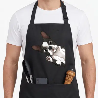 Funny boston dog apron - Cartoon Boston Terrier head and paw peeking in black white brown — shown on a black cotton canvas apron against a white background