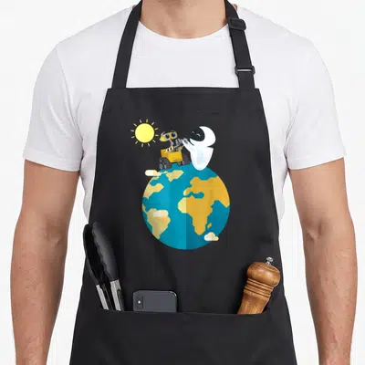 Peace e.a apron - WALL-E and EVE robots standing on a blue and yellow globe under a sun — shown on a black cotton canvas apron against a white background