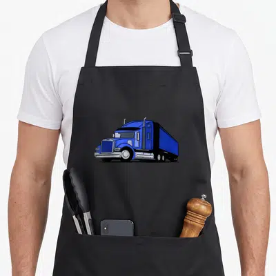 Cute semi truck apron - Blue cartoon semi-truck illustration on grey background with no text — shown on a black cotton canvas apron against a white background