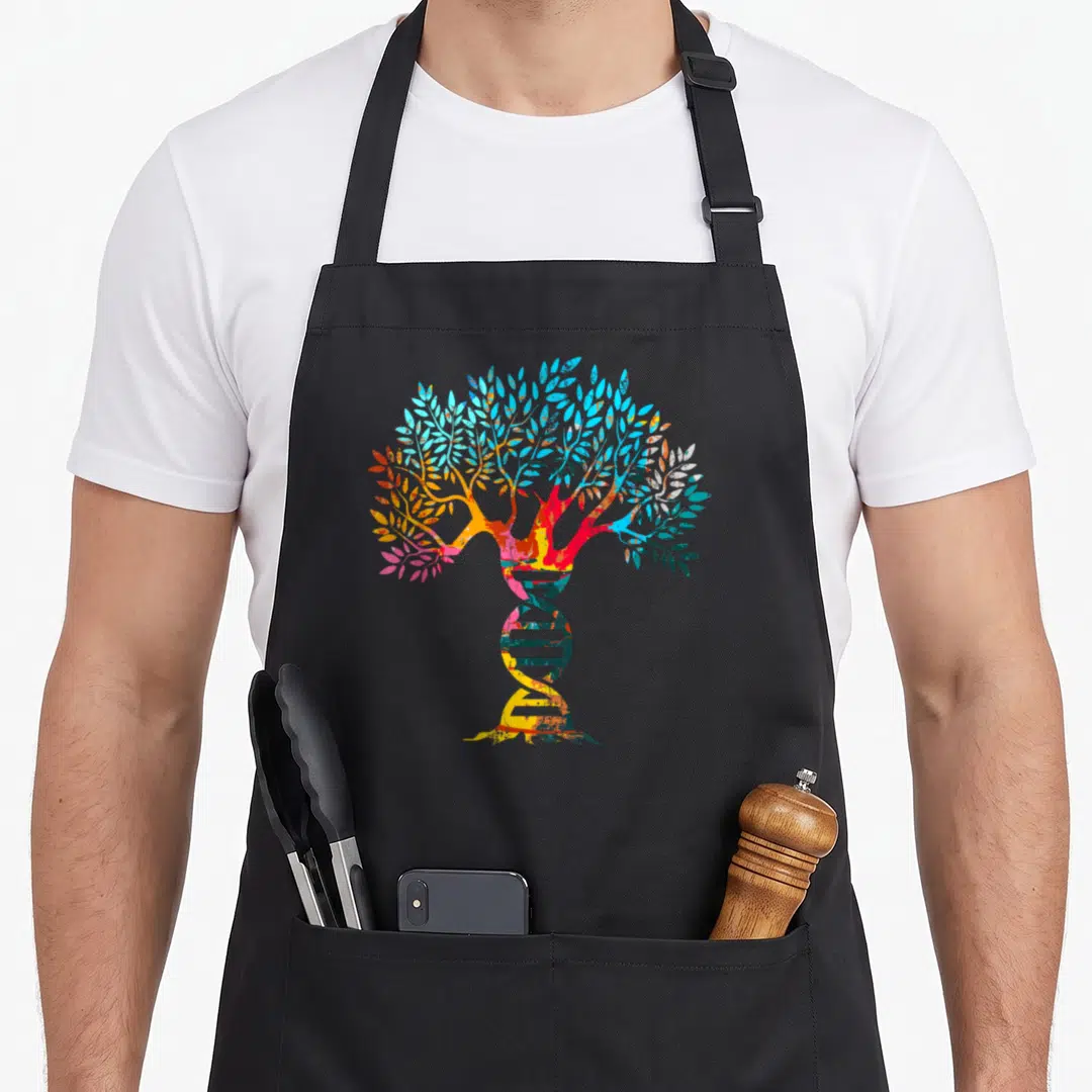 Genealogist tree apron - Tree with DNA helix trunk and multicolored watercolor leaves in blue red yellow orange pink — shown on a black cotton canvas apron against a white background
