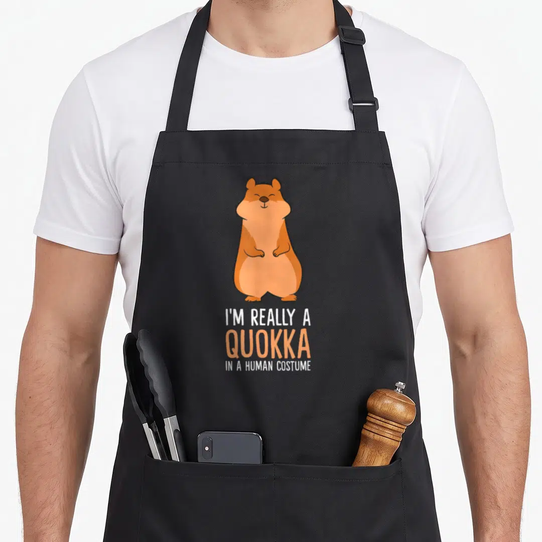 Quokka australian apron - Cartoon orange quokka standing above stacked white and orange text reading I'm Really — shown on a black cotton canvas apron against a white background