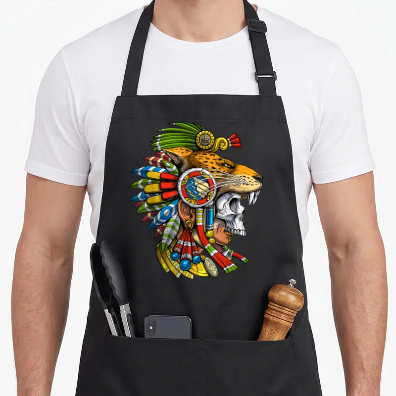 Aztec skull apron - Cartoon jaguar skull human composite head with colorful feathered headdress and gold jewelry — shown on a black cotton canvas apron against a white background