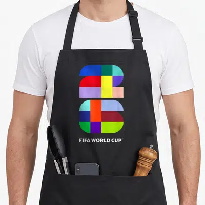 Fifa event apron - Geometric number 26 in blue red yellow green purple with FIFA WORLD CUP text — shown on a black cotton canvas apron against a white background