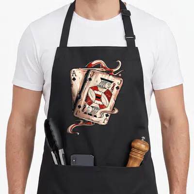 Playing blackjack apron - Realistic Ace and Jack of Spades with red and beige swirls — shown on a black cotton canvas apron against a white background