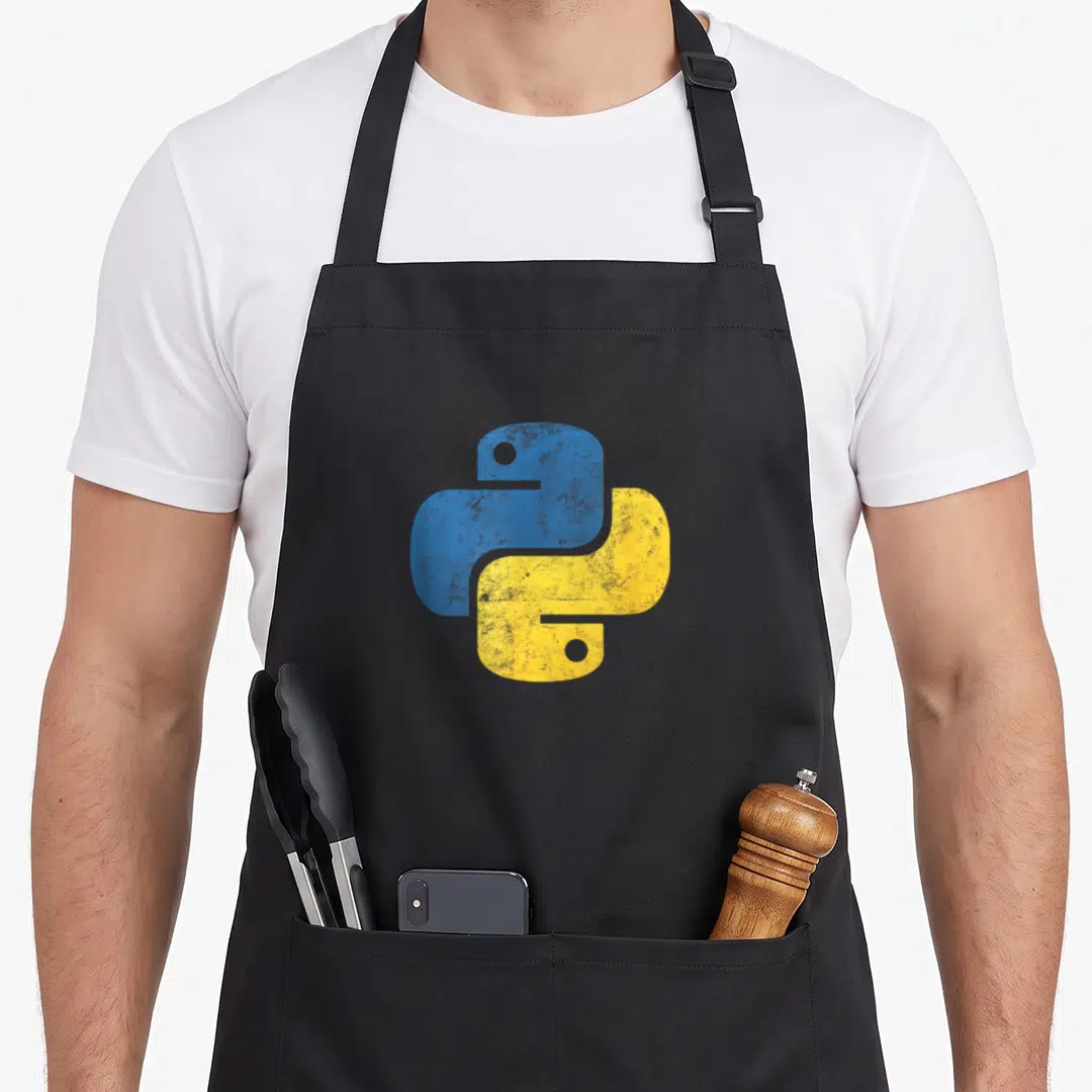Python programmer programming apron - Distressed blue and yellow python logo on black bib apron — shown on a black cotton canvas apron against a white background