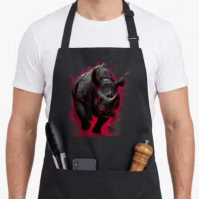 Rhinocero colorful aprons - Cartoon rhinoceros in dark grey and red paint splatters — shown on a black cotton canvas apron against a white background