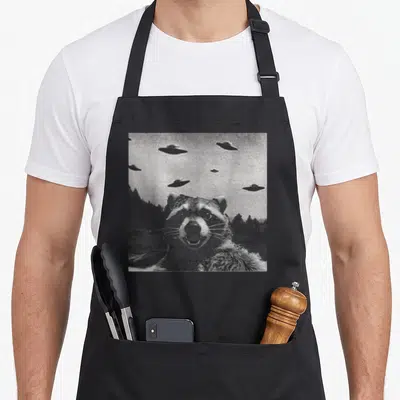 Alien funny raccoon apron - Realistic raccoon head with multiple UFOs floating in a grey and black sky background — shown on a black cotton canvas apron against a white background