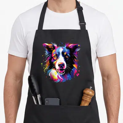 Watercolor border collie apron - Multicolored cartoon border collie head surrounded by blue red yellow purple and white — shown on a black cotton canvas apron against a white background