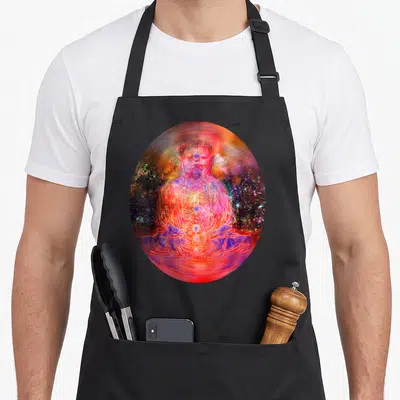 Yoga meditation buddhist apron - Buddha in oval with vertical line of red orange yellow blue energy points — shown on a black cotton canvas apron against a white background