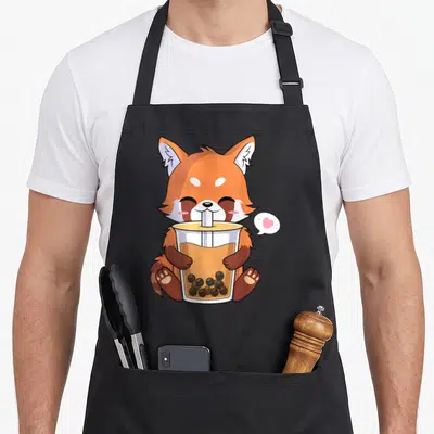Panda anime apron - Cartoon red panda sitting holding bubble tea cup with pink heart speech bubble — shown on a black cotton canvas apron against a white background